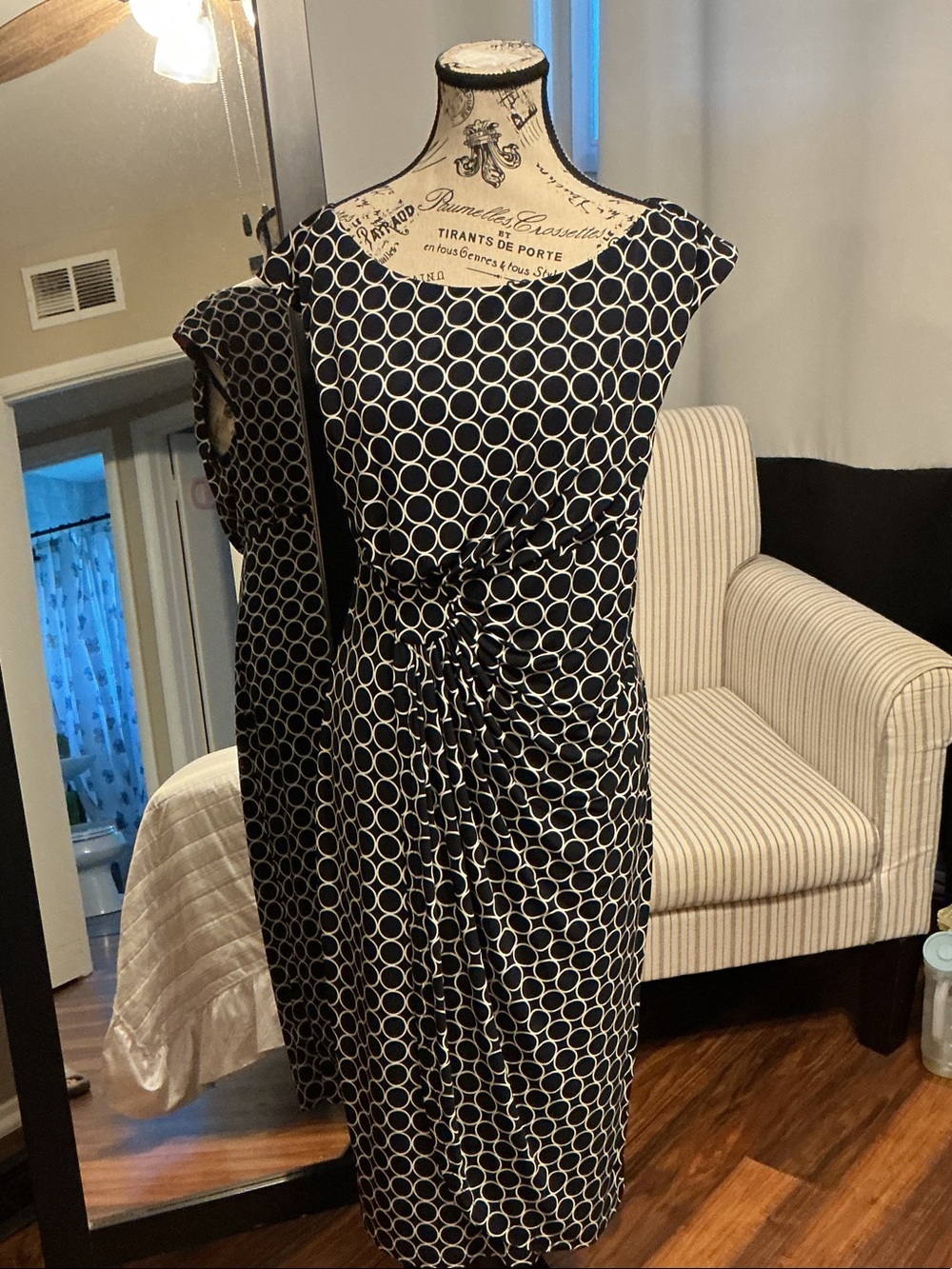connected apparel Navy and White Polka Dot Tie-Waist Midi Dress EUC (#27)
